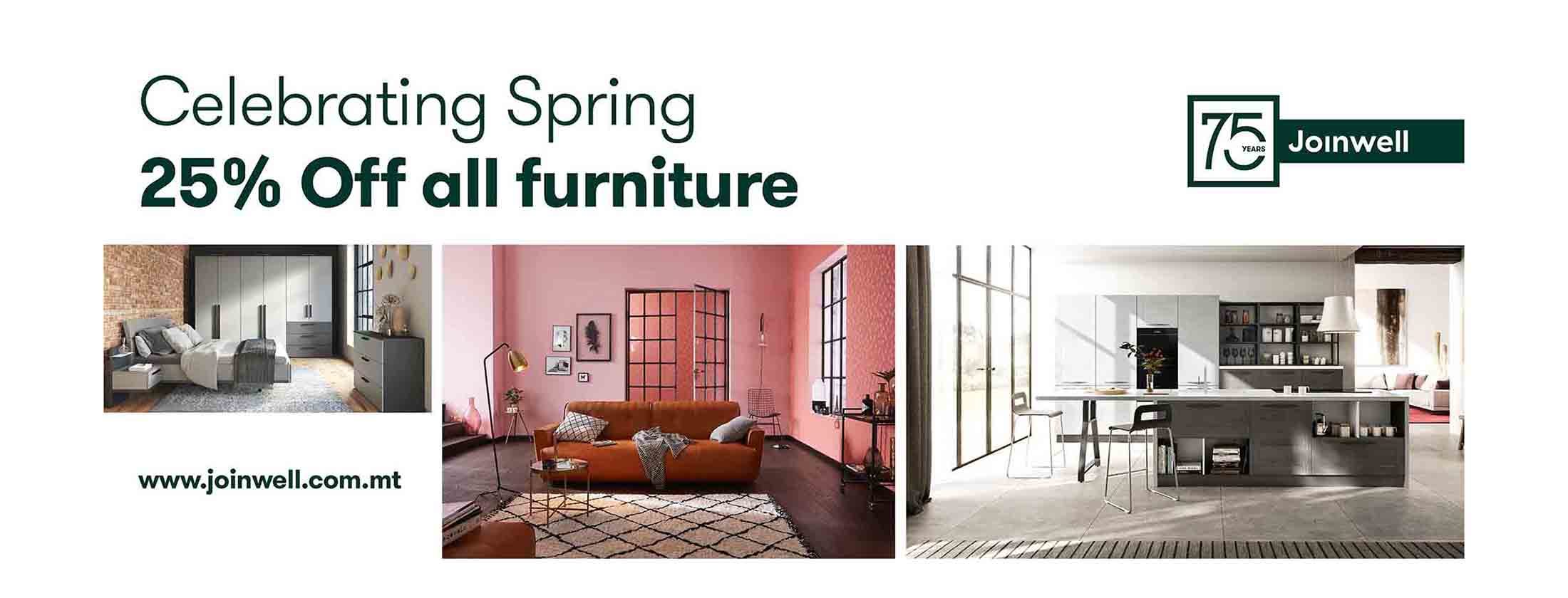 Celebrating Spring 25% off all furniture online website banner 2000×840
